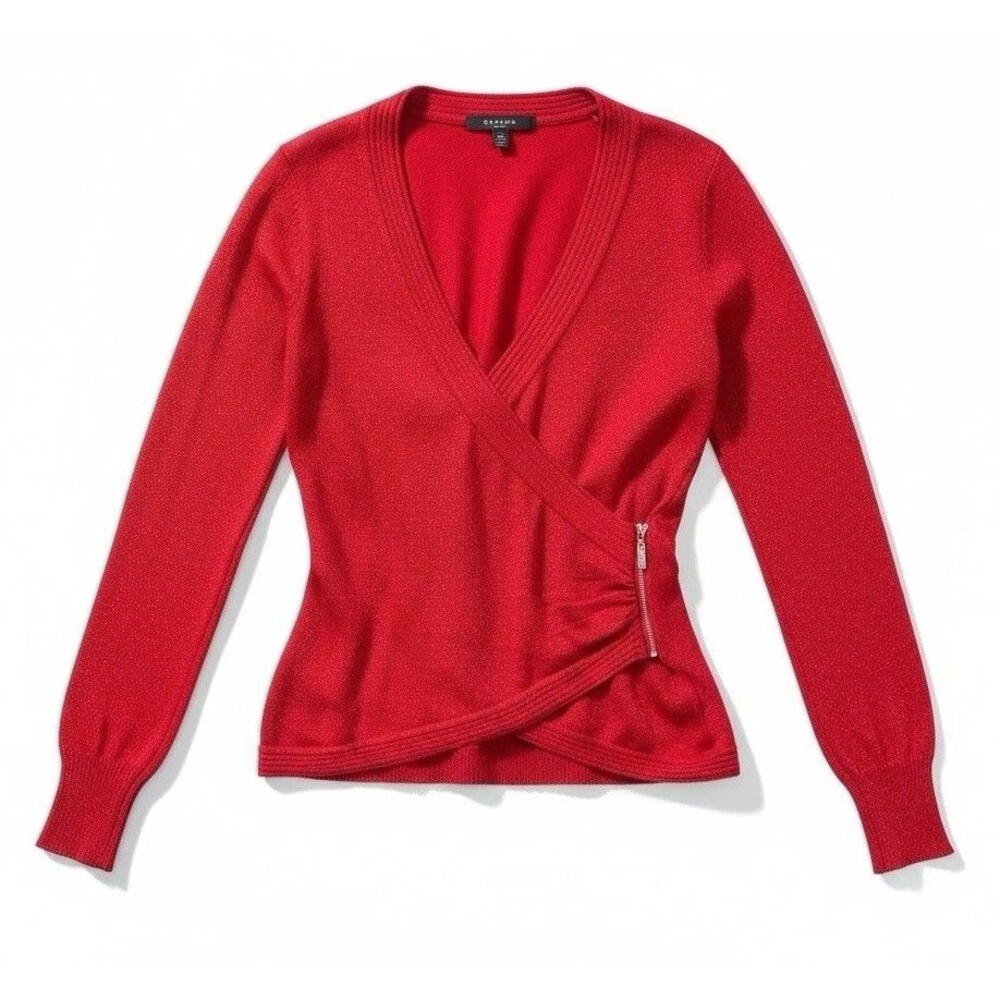 Guess Red Metallic Wrap Top M Y2K Style Fitted Shimmer Sweater Silver Zip